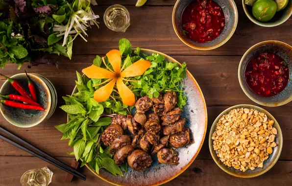 Flower, sauce, sausage, peanuts, sausage, hot pepper