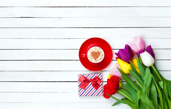 Flowers, heart, colorful, tulips, heart, wood, cup, romantic