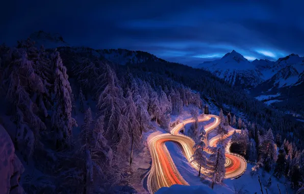 Picture winter, road, forest, light, snow, mountains, night, the evening
