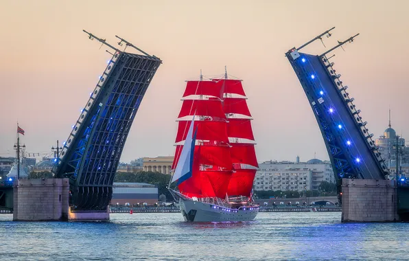 Bridge, river, sailboat, Saint Petersburg, Russia, Scarlet sails, The Palace bridge, The Neva River
