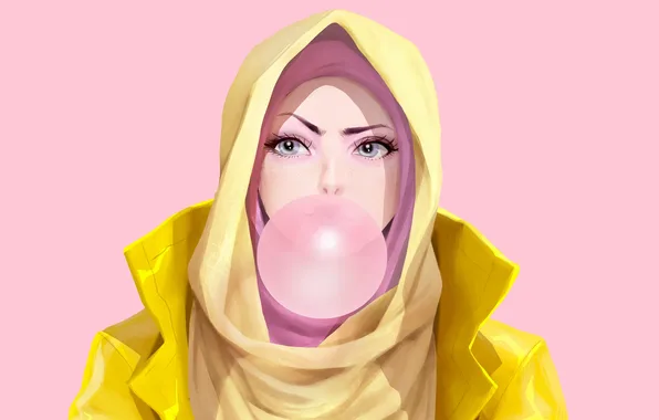 Art, original, bubble gum, girl in hood