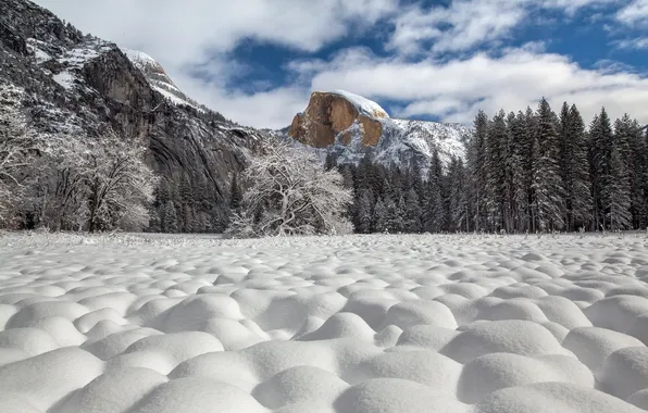 Picture Yosemite National Park, Half Dome, Snow Cottonballs
