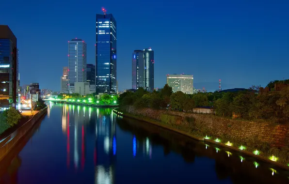 Night, lights, river, home, Japan, channel, Osaka