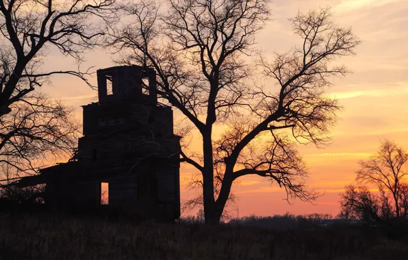 Sunset, village, Church