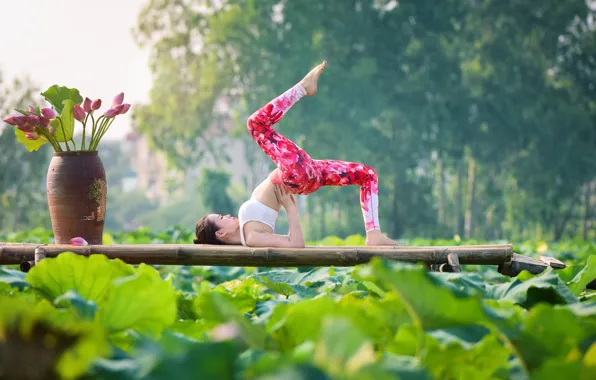 Girl, nature, pose, gymnastics, yoga, legs, Asian