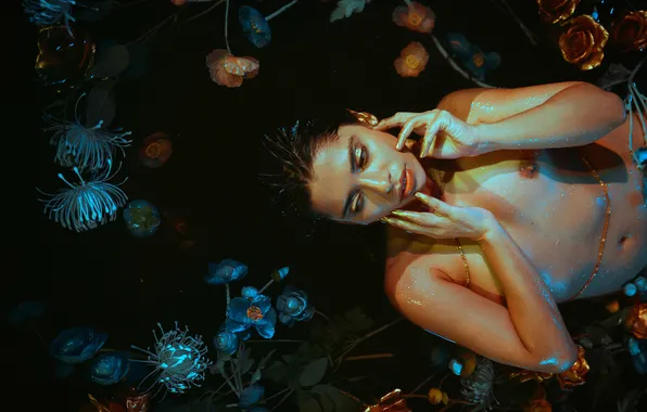 Erotic, chest, look, water, girl, light, flowers, pose