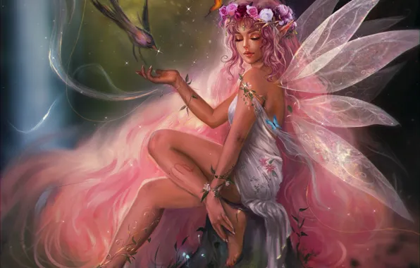 Picture girl, bird, elf, wings