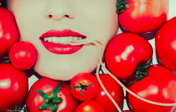 Girl, mouth, lipstick, tomatoes, spaghetti, tomatoes, makaronina