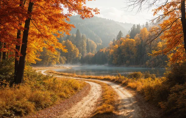 Road, autumn, forest, light, trees, mountains, branches, fog