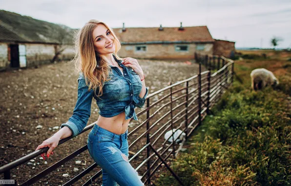 The sun, landscape, sexy, pose, model, the fence, portrait, jeans