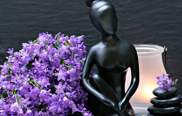 Picture flowers, stones, woman, lamp, figurine, bells, figure