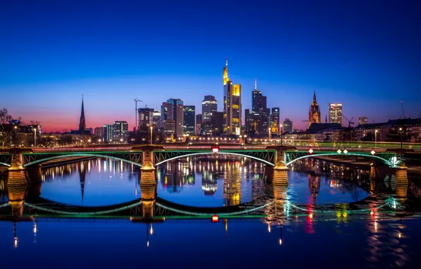 Night, bridge, reflection, river, Germany, Frankfurt, Frankfurt am main, Frankfurt