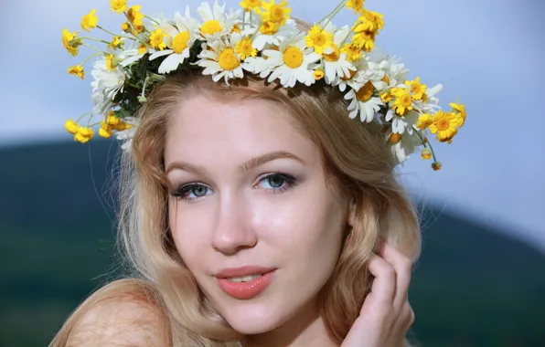 Picture chamomile, wreath, wildflowers, beautiful model, Erica B, Khan D, Marianna Merkulova, Genevieve Gandi