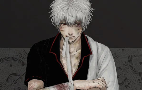 Anime, art, scratches, guy, wounds, Gintama, Gintoki