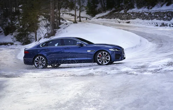 Picture road, snow, Jaguar, sedan, side view, the rise, Jaguar XF, 2020