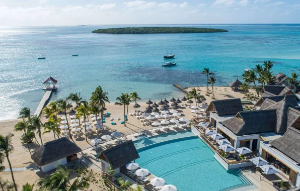 Beach, palm trees, the ocean, pool, resort, Mauritius, Mauritius, Indian Ocean