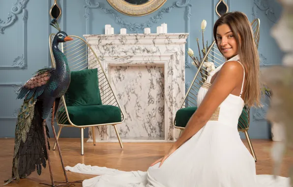 Long hair, bird, brunette, gorgeous, posing, white dress, beautiful face, peacock