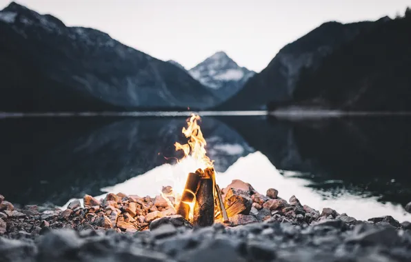 Mountains, lake, stones, fire, the fire