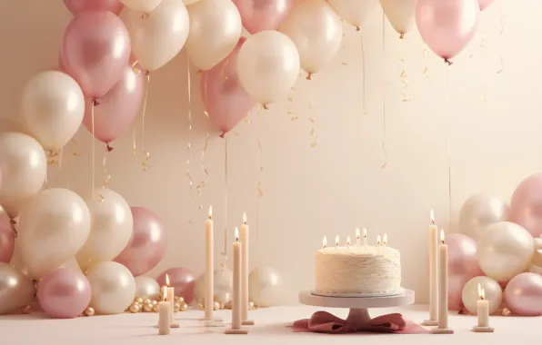 Balls, balloons, holiday, balls, candles, Christmas, cake, New year