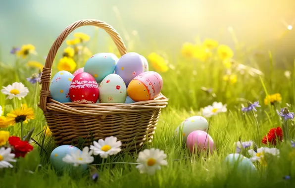 Picture flowers, basket, glade, eggs, spring, colorful, Easter, happy