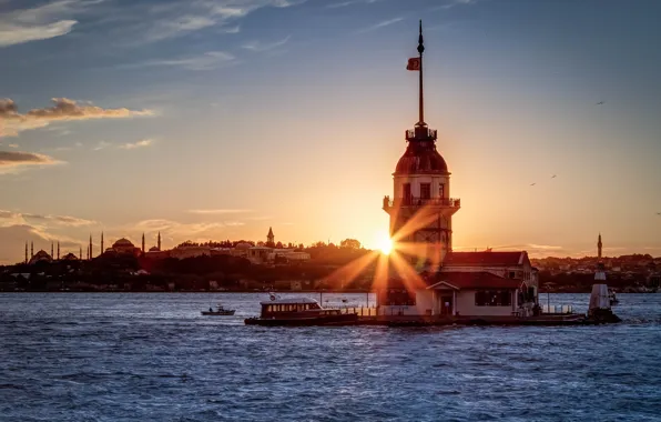 Picture the sun, rays, sunset, Istanbul, Turkey, the Bosphorus, Sultanahmet, Maiden tower