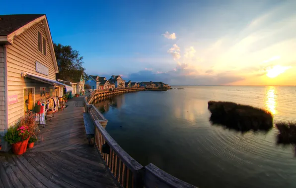 Picture sunset, lake, houses