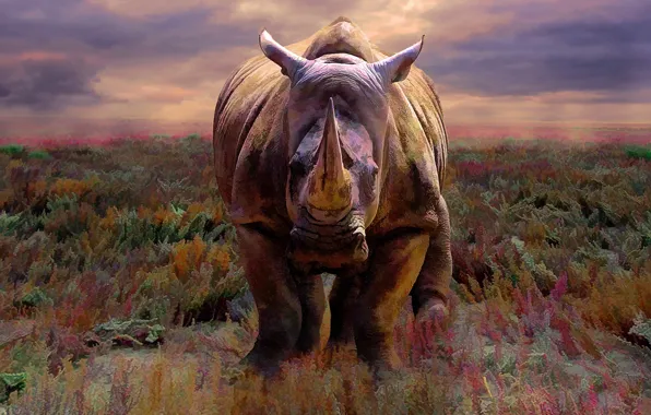 Picture Sunset, Nature, Look, Africa, Art, Savannah, Rhino, Front