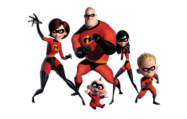 Picture cartoon, family, white background, mask, costumes, superheroes, The Incredibles, The incredibles