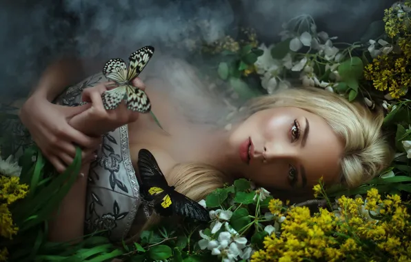 Look, girl, butterfly, flowers, branches, face, pose, fog