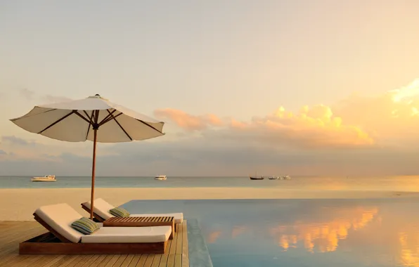 Sunset, The ocean, Pool, Chaise, Paradise, The Maldives, Romance
