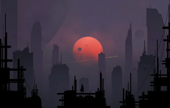 The city, The moon, Silhouette, Skyscrapers, Art, Fiction, Digital Art, Sci-Fi