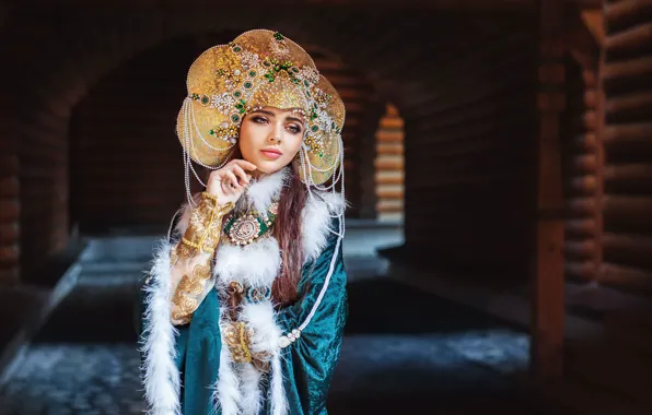 Girl, pose, outfit, Russian beauty, kokoshnik, Sergey Bukarev