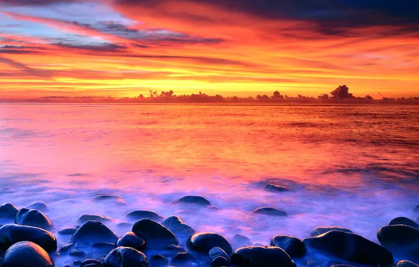 The sky, sunset, stones, dal, bright colors, pond, sunset sky