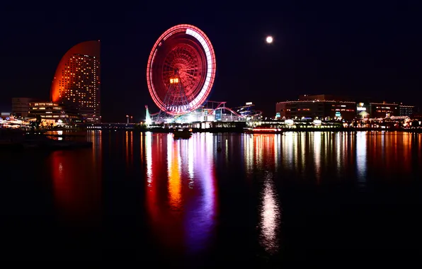 The city, lights, the moon, Japan, Ferris wheel, Japan, Yokohama, Yokohama