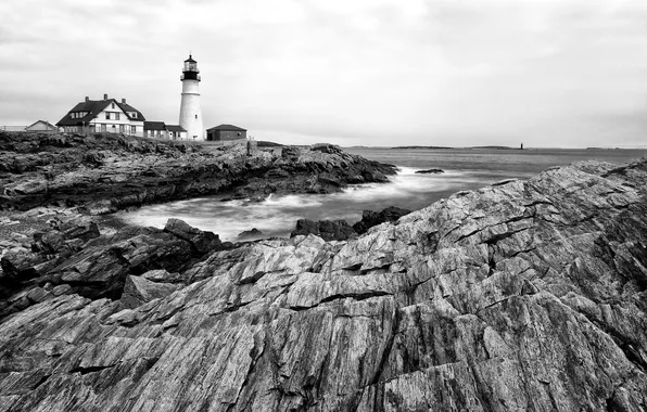 Landscape, the ocean, rocks, lighthouse, Maine, Portland Head Light