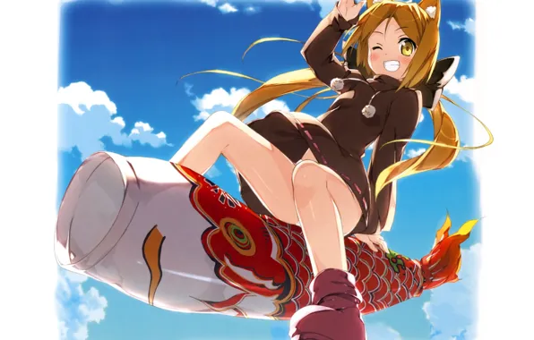 Kite, girl, fun, wink, in the sky, two tails, top, cat ears