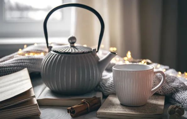 Light, table, grey, tea, books, kettle, window, mug
