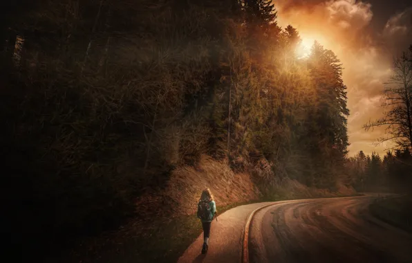 Picture road, the evening, girl