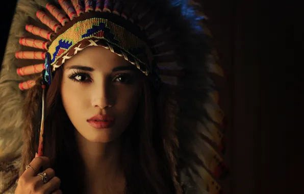 Girl, makeup, brunette, Indian headdress