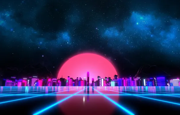 Music, Style, Background, City, Sky, Stars, Art, 80s
