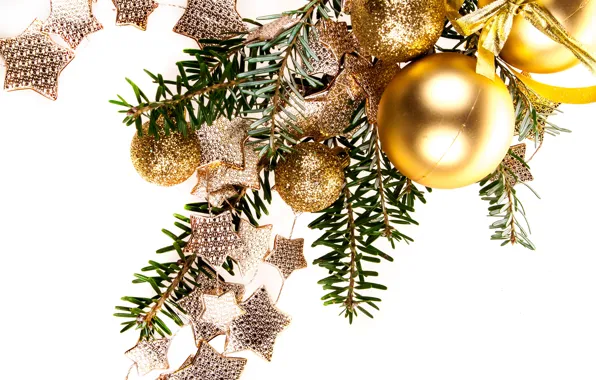White, snowflakes, background, gold, holiday, Branches, Christmas, Balls