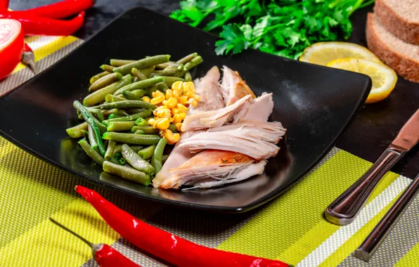 Table, corn, plate, knife, meat, black, pepper, sharp