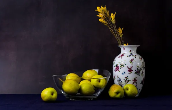 Glass, flowers, the dark background, bouquet, yellow, vase, bowl, fruit