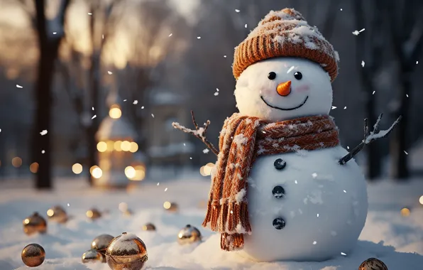 Winter, snow, New Year, Christmas, snowman, happy, Christmas, night