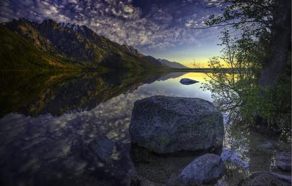 The sky, water, clouds, nature, reflection, stone, mountain