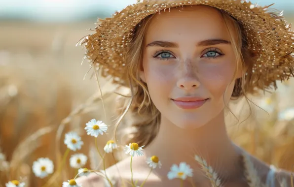 Field, summer, look, girl, light, flowers, face, pose