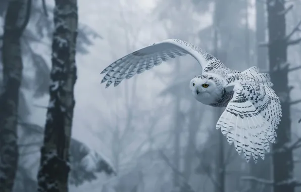 Winter, forest, snow, flight, nature, fog, tree, owl