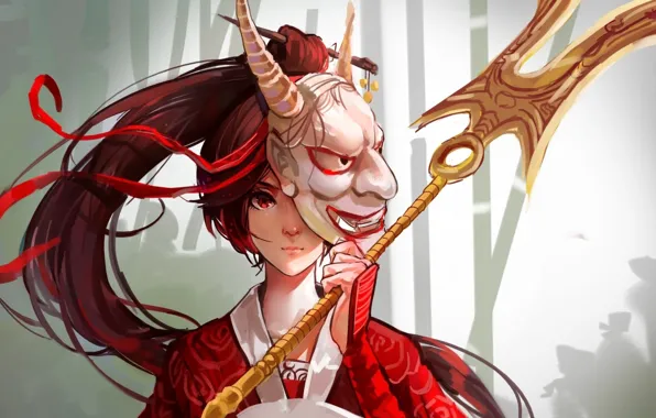 Weapons, hairstyle, grey background, red eyes, red ribbon, Akali, League of Legends, League Of Legends