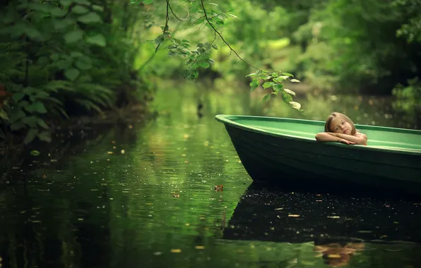 Summer, leaves, branches, nature, boat, girl, child, pond