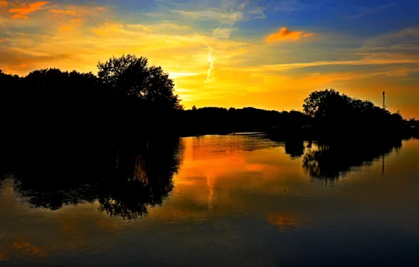 The sky, trees, sunset, lake, surface